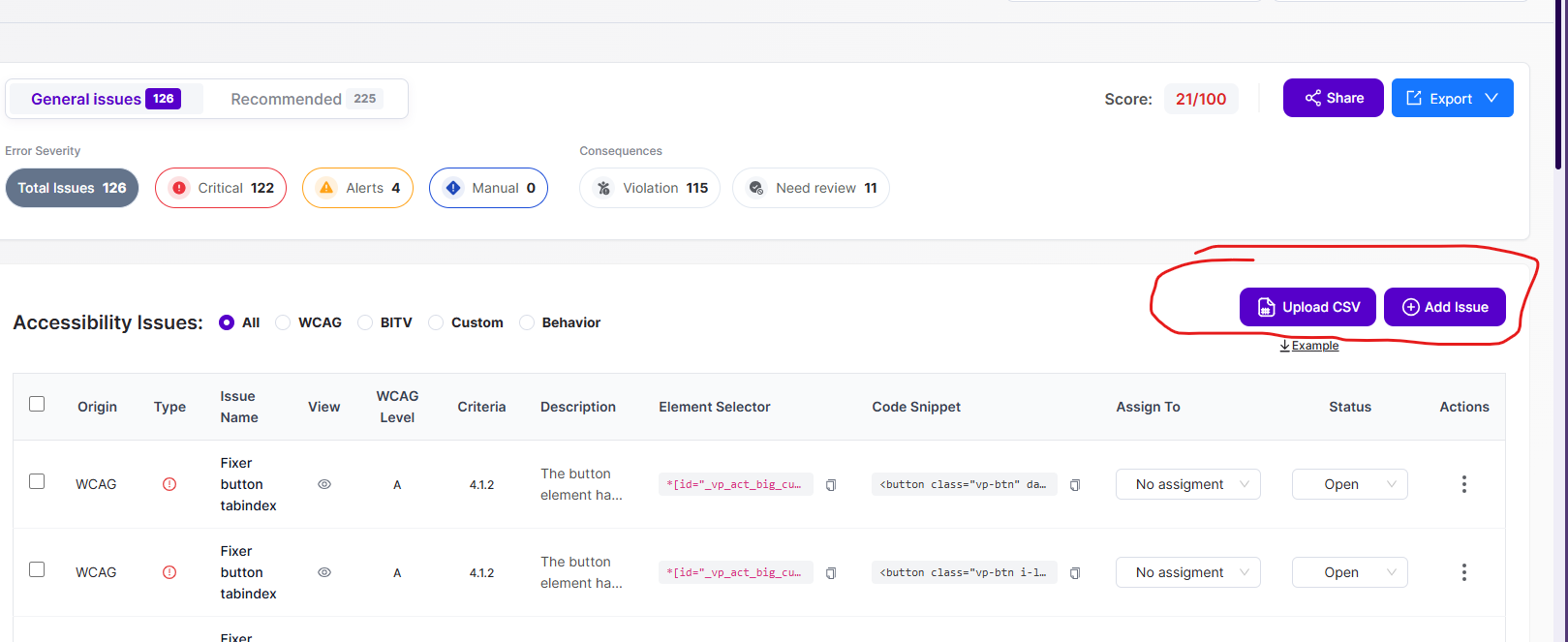 Screenshot illustrating Export Accessibility Reports as PDF, CSV or JSON