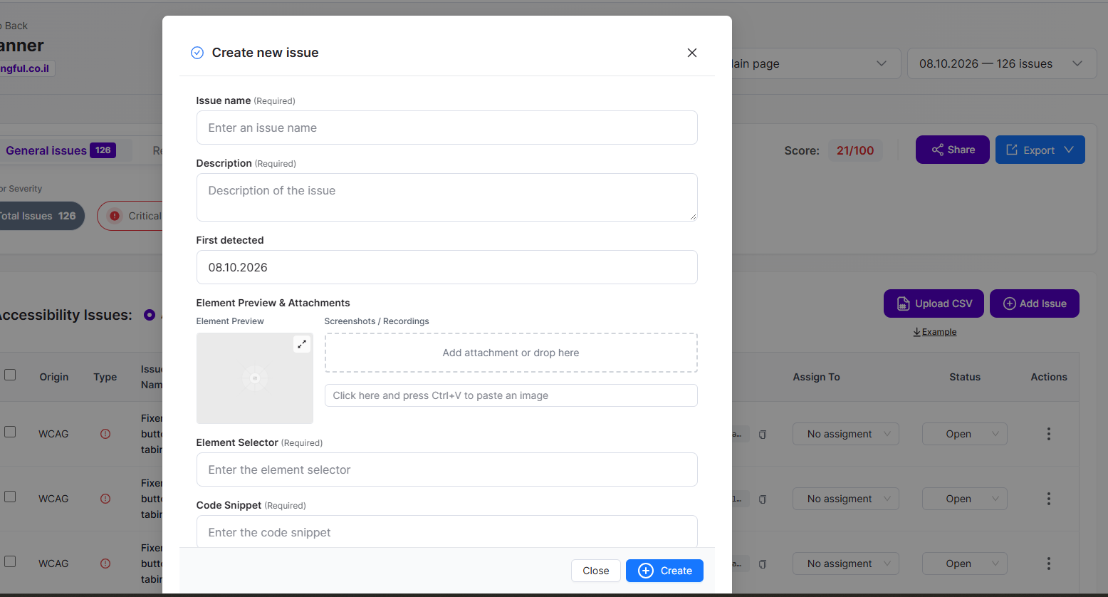Screenshot illustrating Import Accessibility Findings from a Human Audit (CSV)