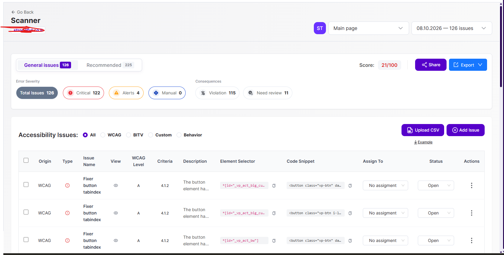 Screenshot illustrating Open Accessibility Issue Details and Available Actions