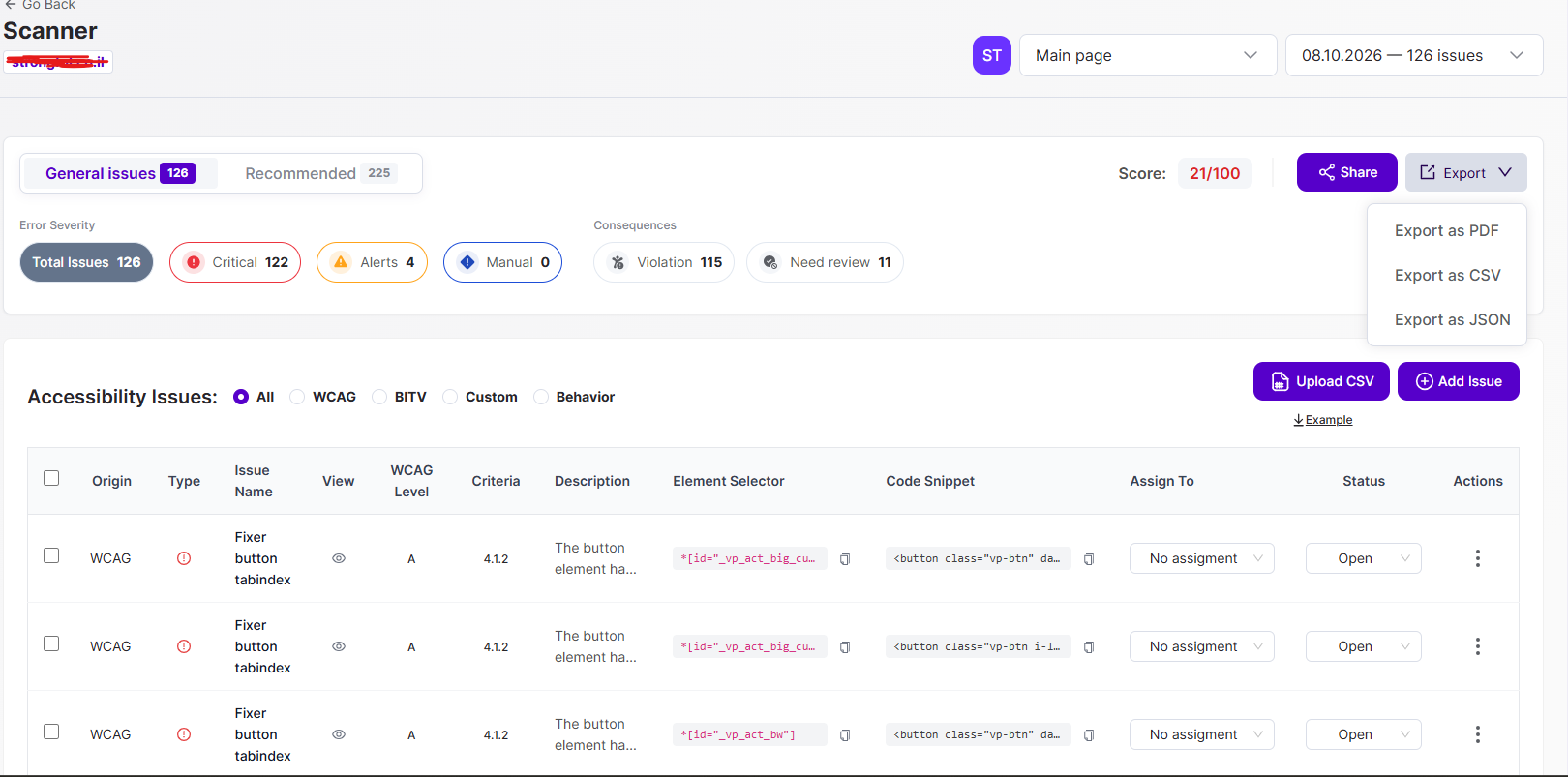 Screenshot illustrating Share an Accessibility Report with a Customer
