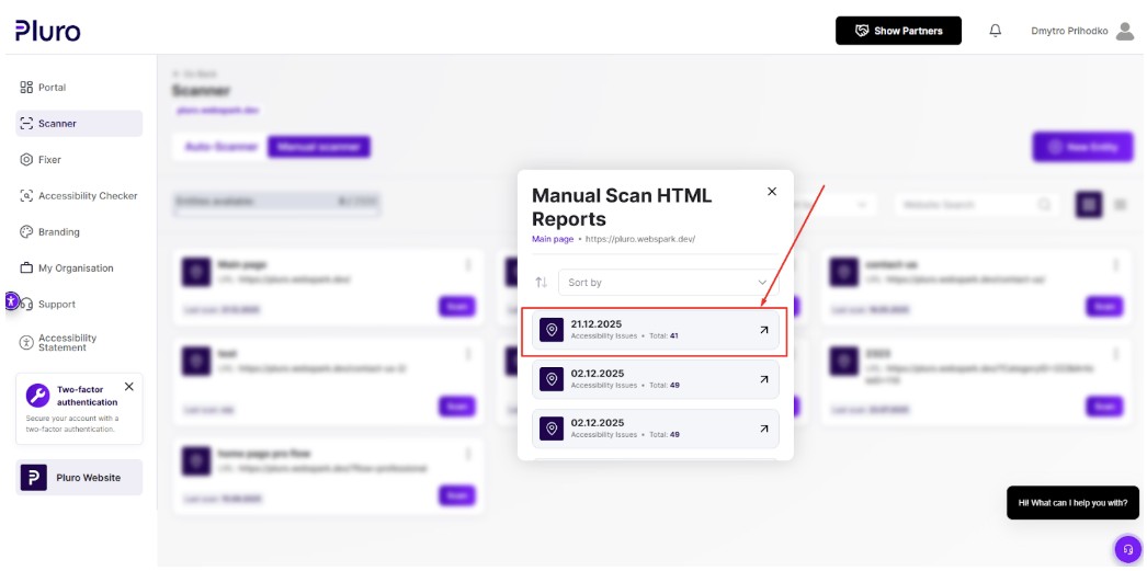 Find in the dropdown menu the point “Reports” and choose the needed HTML report from the list inside the pop-up to open a page with advanced details.
