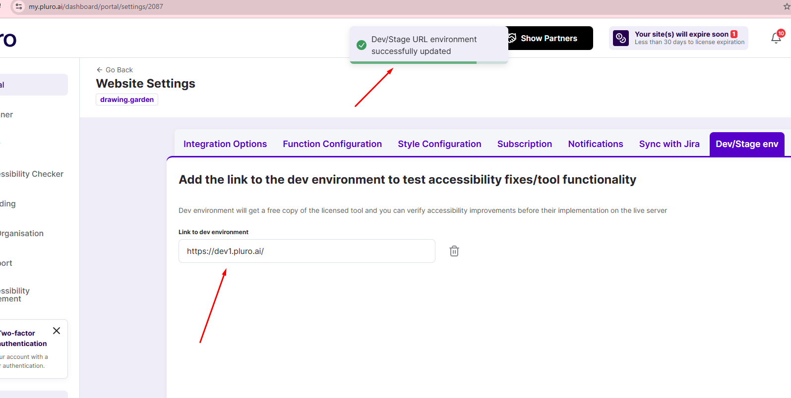 Figure 2 — URL saved successfully + Delete icon