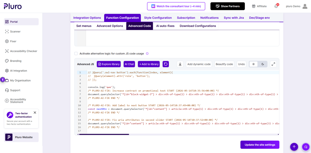 8. Advanced code (JS box) with newly integrated AI-fixes