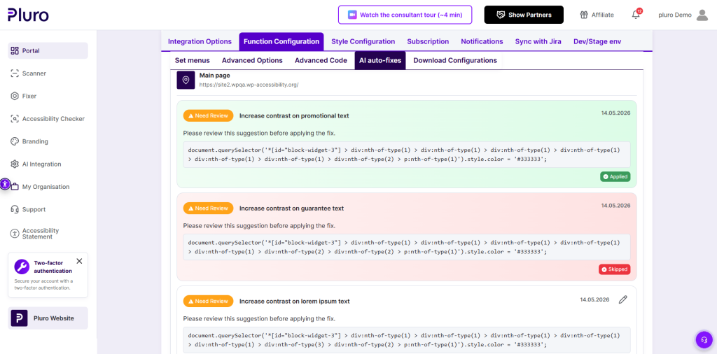 7. Confirmed and rejected AI-fixes for further embedding in the Advanced code -> JS box