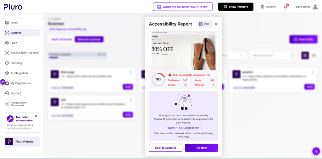 5. Accessibility report page based on AI scanning (with AI blocks and a link to the AI fixes tab where all generated code from OpenAI is located