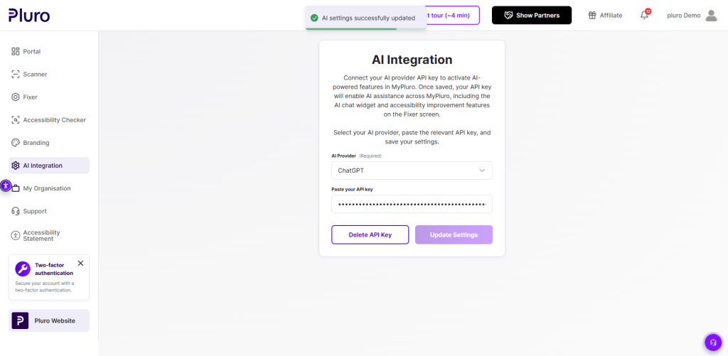 2. Inputting the API key from OpenAI account