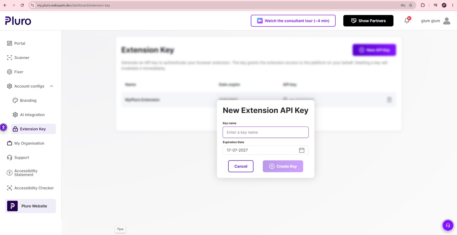 MyPluro New Extension API Key dialog with fields for the key name and expiration date