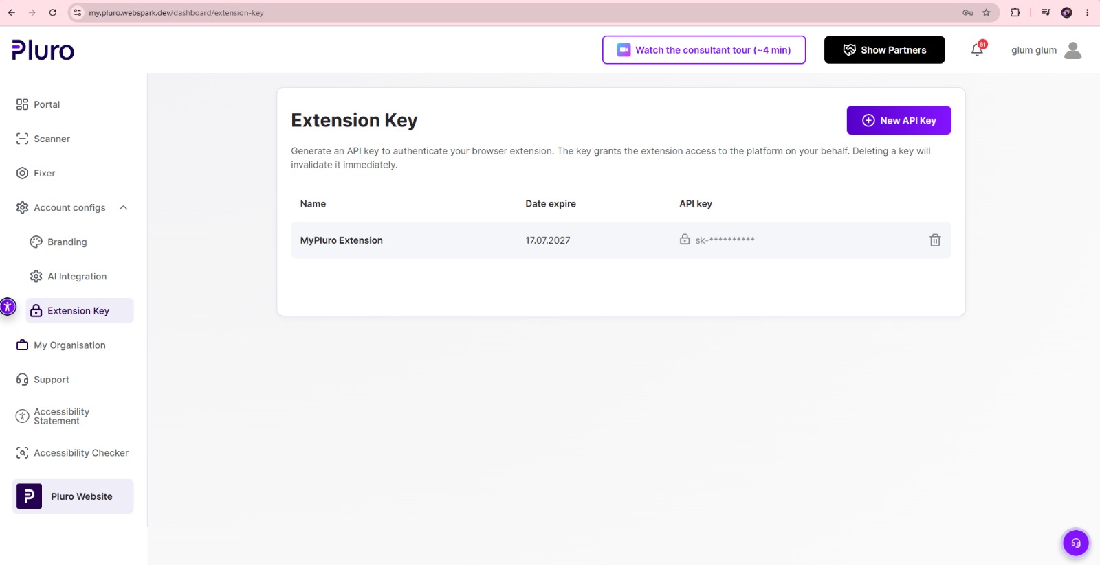 MyPluro Extension Key page showing an active API key and its expiration date