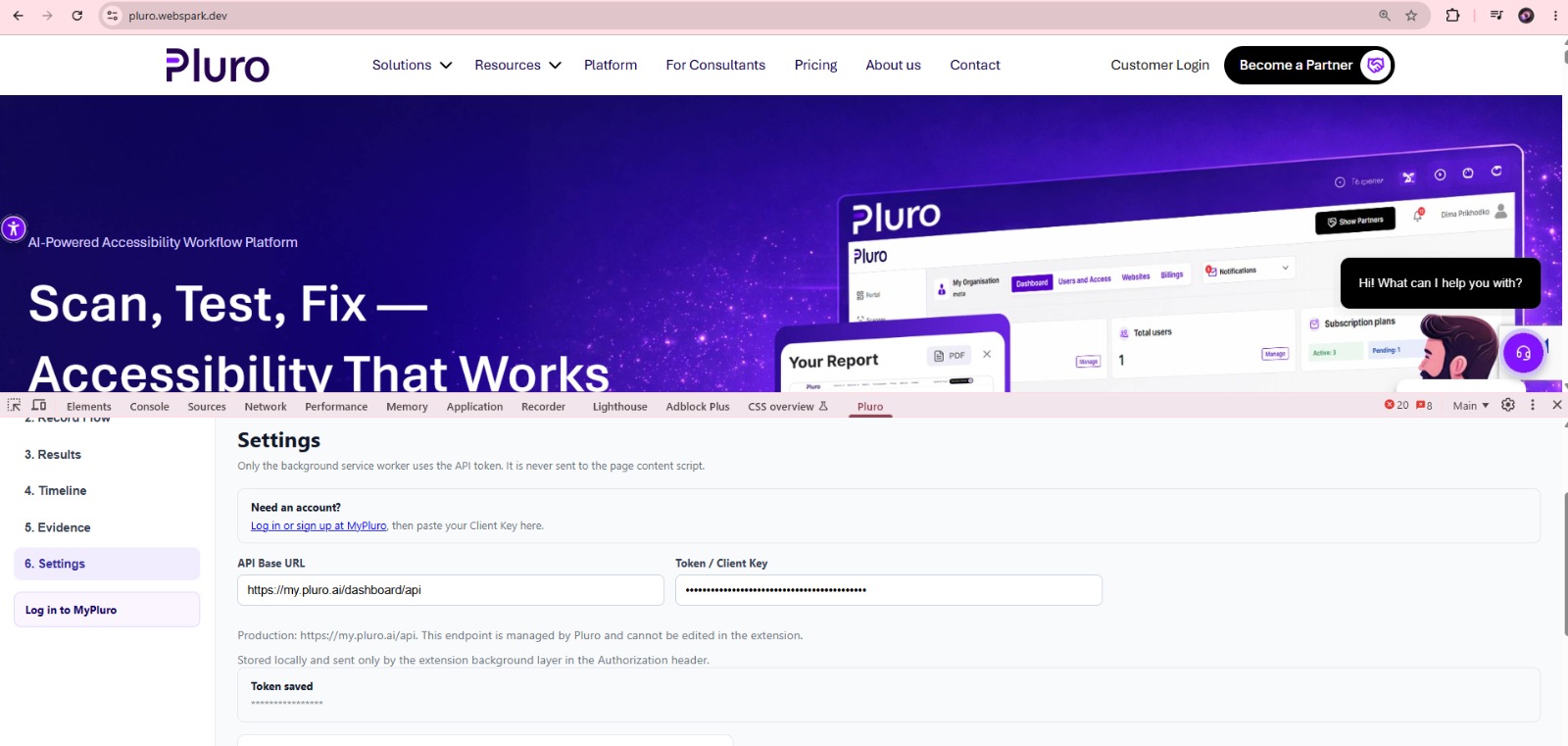 Pluro extension Settings screen showing the API Base URL and Token Client Key fields