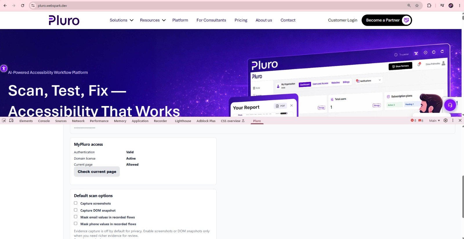 Pluro extension MyPluro access panel showing valid authentication, active domain license, and allowed current page