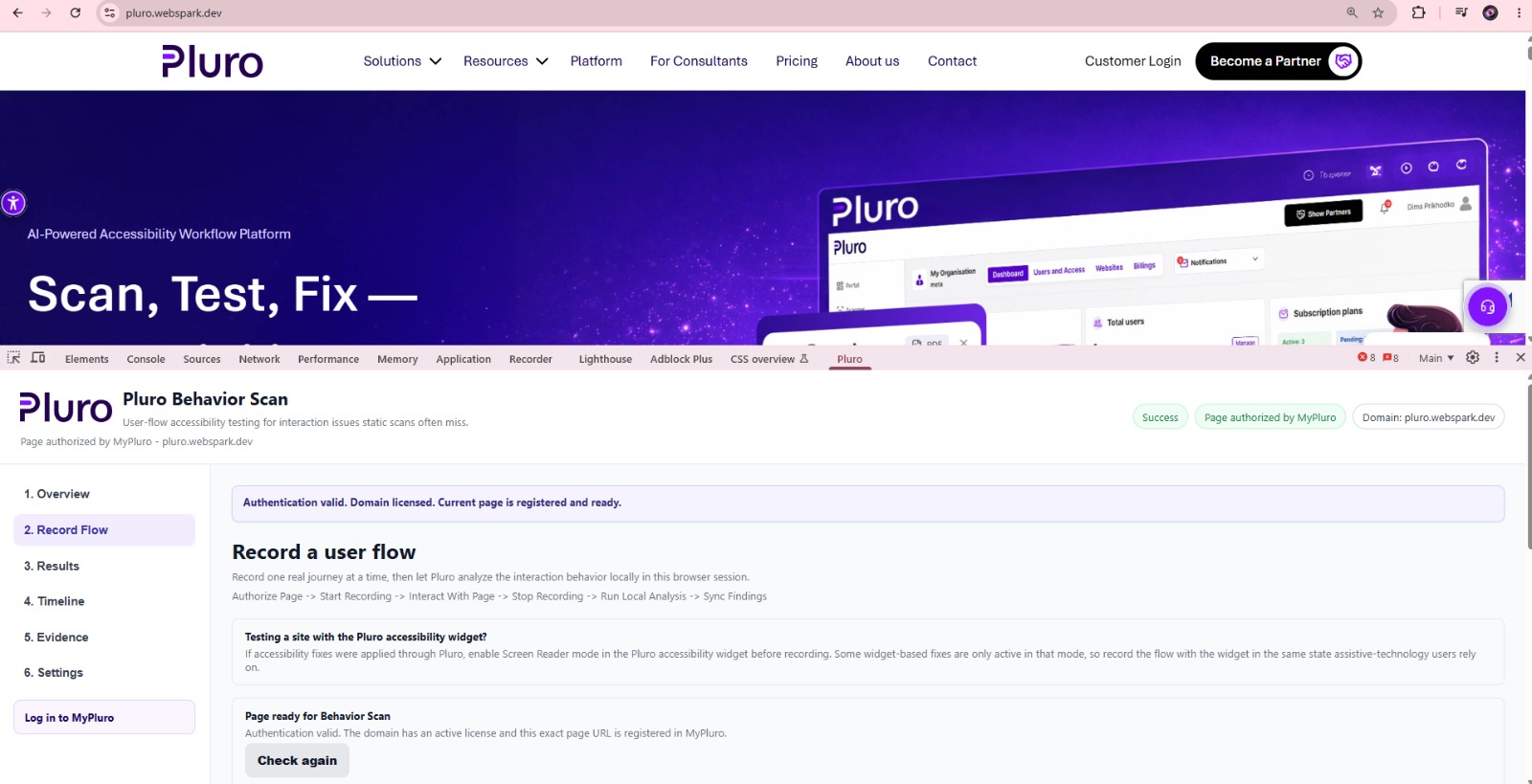 Pluro Behavior Scan panel showing successful authentication and an authorized domain
