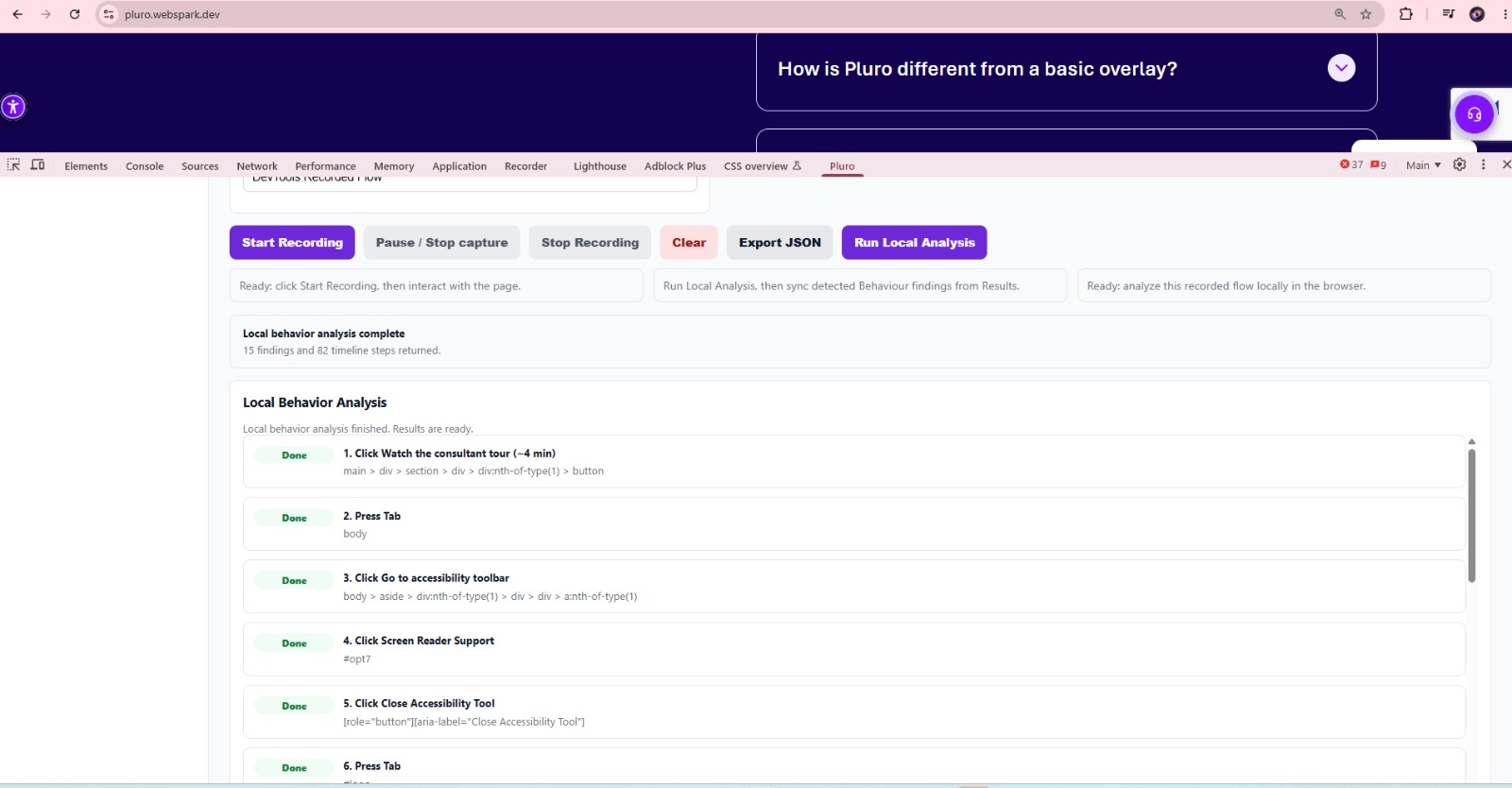 Pluro Behavior Scan recording controls and completed local behavior analysis with recorded interaction steps